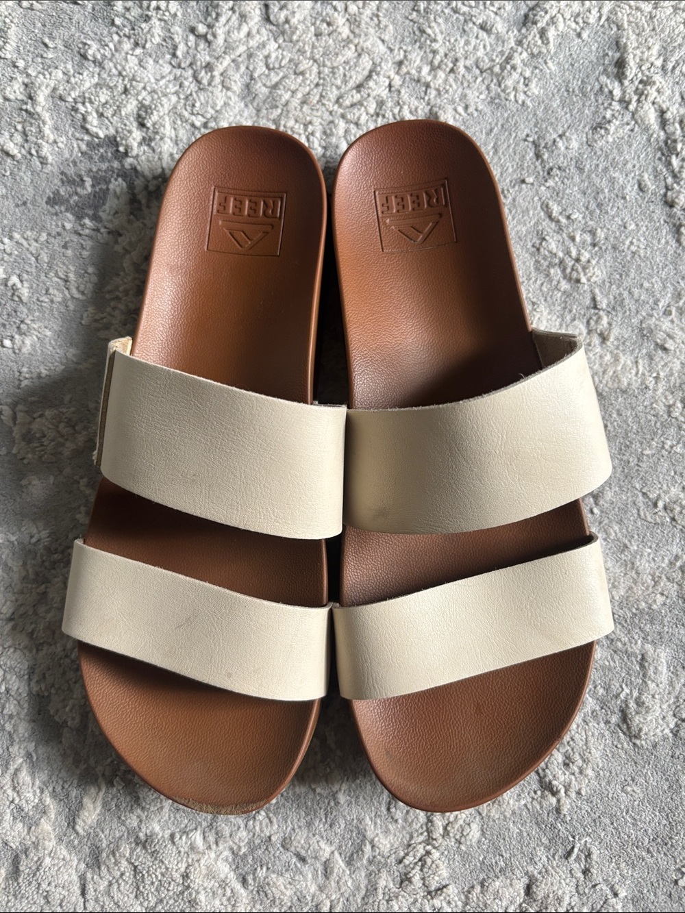 Reef Women's Double Band Slide Sandals in Cream and Brown tag worn est Size 7